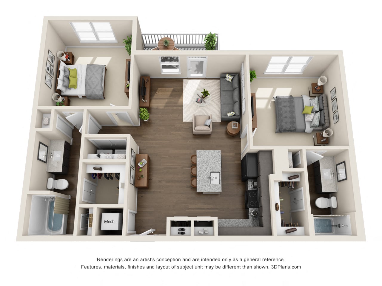 Floor plan for 2 beds, 2 baths, 1131 sqft